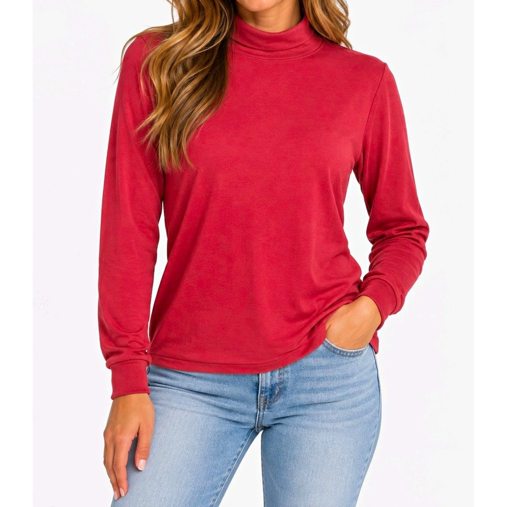 L.L.Bean Women's M Coral Red Turtleneck Long Sleeve Stretch Cotton Top Mock neck